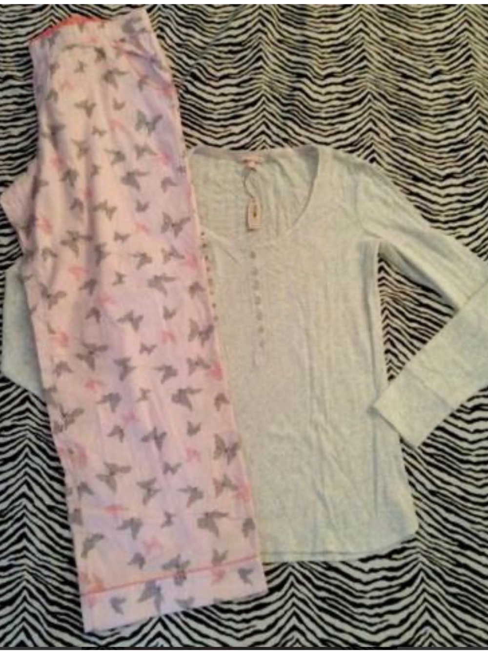 NWT Victoria's Secret The Dreamer Henley Pajama 2 Piece Set M Tan Pink Butterfly